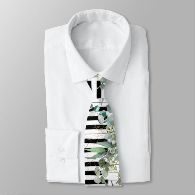 piano keyboard greenery neck tie (Tied)