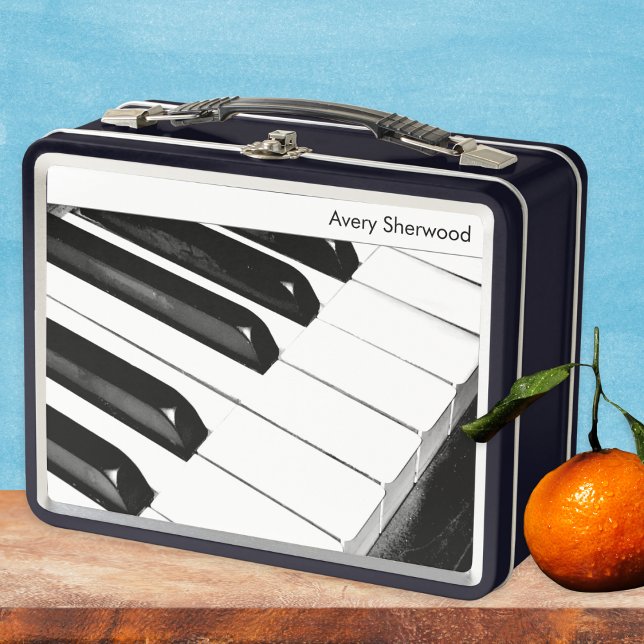 Piano Keyboard Keys Personalised Music Musician Metal Lunch Box (A stylish lunch box with piano keyboard photo. Personalize with your name or initials. An ideal gift)