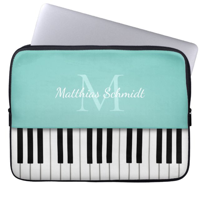 Piano Keyboard Monogrammed Personalised Aqua Laptop Sleeve (Front)