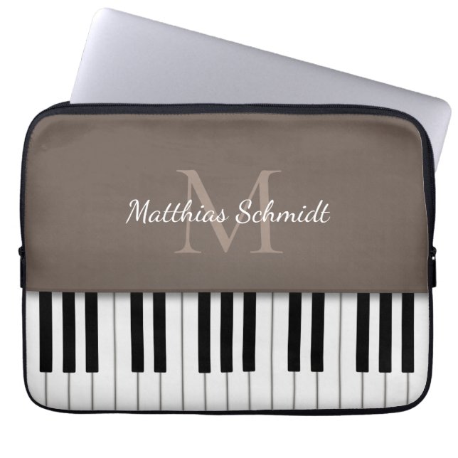 Piano Keyboard Monogrammed Personalised Mocha Laptop Sleeve (Front)