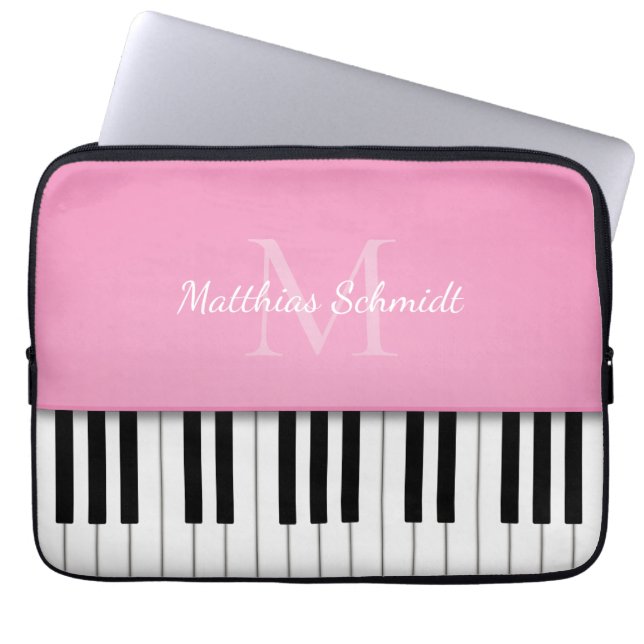 Piano Keyboard Monogrammed Personalised Pink Laptop Sleeve (Front)