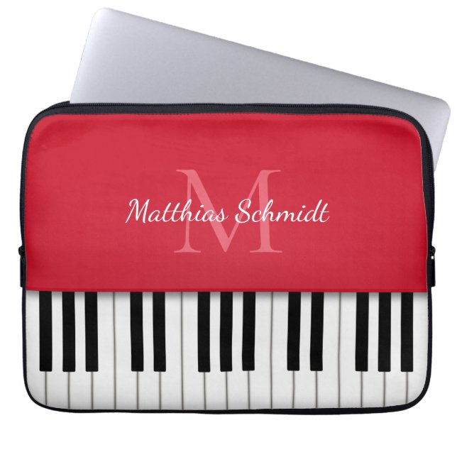 Piano Keyboard Monogrammed Personalised Red Laptop Sleeve (Front)