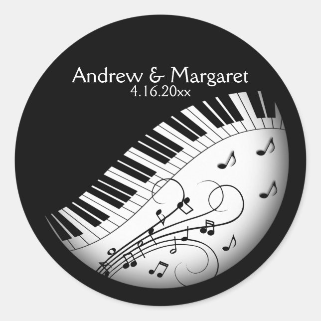 Piano Keyboard Music Design Names Date  Classic Round Sticker (Front)