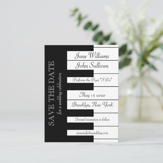 Piano Keyboard Music Themed Wedding Save The Date Announcement Postcard (Standing Front)