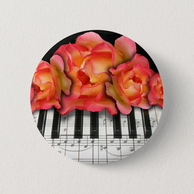 Piano Keyboard Roses and Music Notes 6 Cm Round Badge (Front)