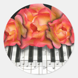 Piano Keyboard Roses and Music Notes Classic Round Sticker
