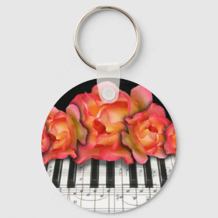 Piano Keyboard Roses and Music Notes Key Ring