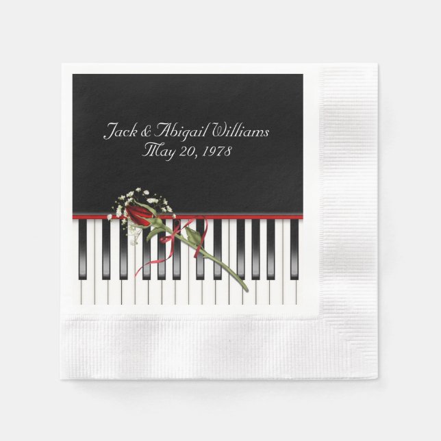 piano keyboard with red rose anniverary napkin (Front)