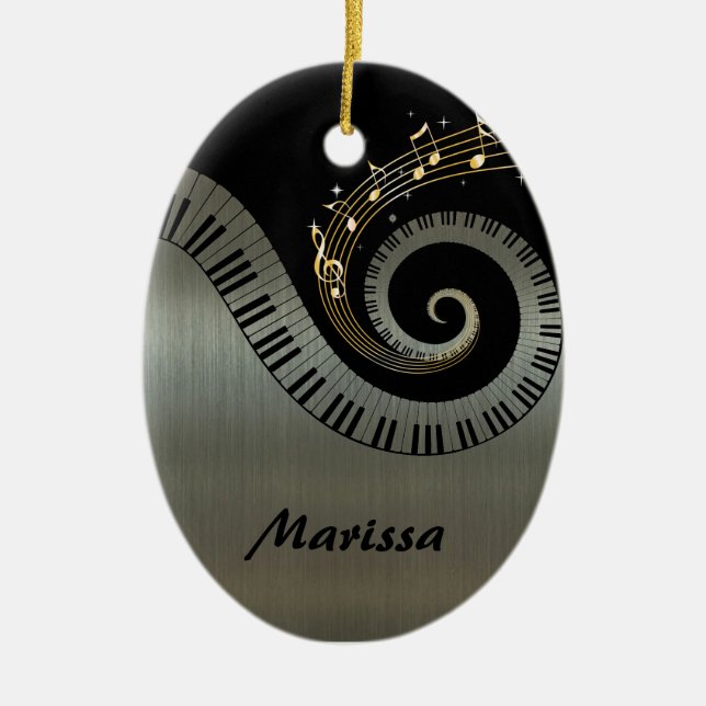 Piano Keys and Gold Music Notes Ceramic Ornament (Front)