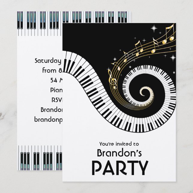 Piano Keys and Gold Music Notes Party Invitation (Front/Back)