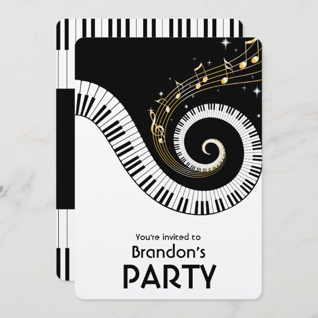 Piano Keys and Gold Music Notes Party Invitation (Front/Back)