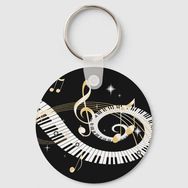 Piano Keys and Golden Music Notes Key Ring (Front)