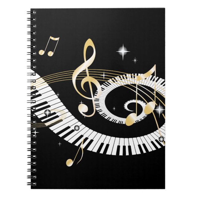 Piano Keys and Golden Music Notes Notebook (Front)