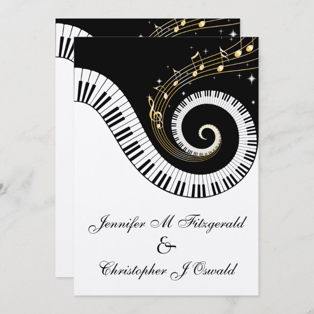 Piano Keys and Golden Musical Notes Wedding Invitation (Front/Back)