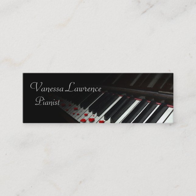 Piano keys black elegant skinny mini business card (Front)