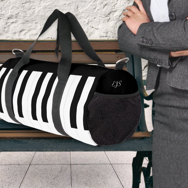 Piano Keys Black White Music Musical Keyboard Duffle Bag (A stylish and modern duffel bag with black and white piano keys design and custom script monogram)
