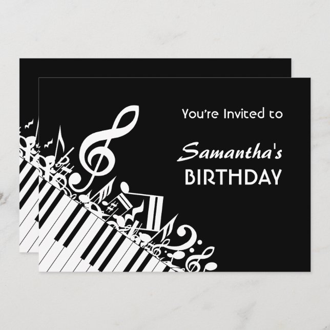 Piano Keys Black White Music Notes Birthday Party Invitation (Front/Back)