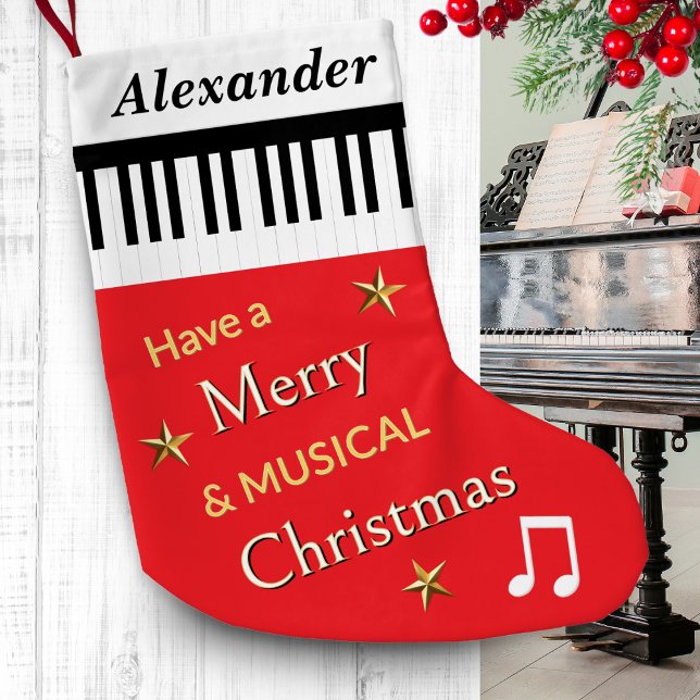 Piano Keys Bright Red Music Themed Personalised Small Christmas Stocking (A personalized Christmas stocking, in red with piano keys pattern and festive greeting)