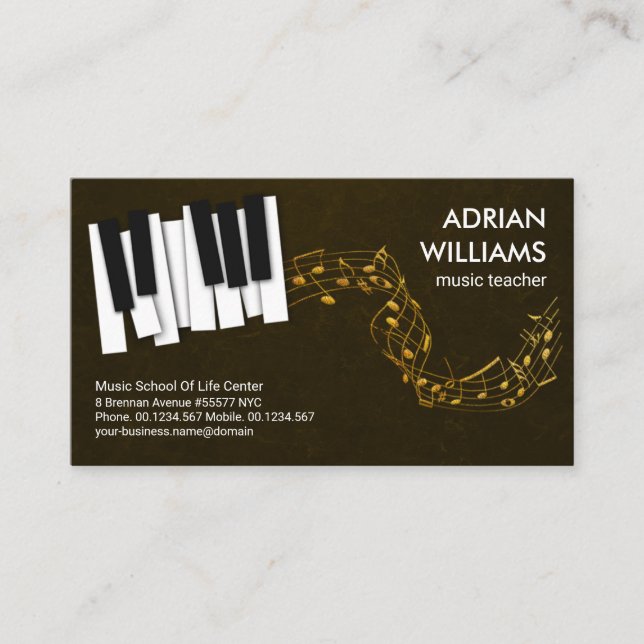 Piano Keys Floating Gold Music Notes Music Teacher Business Card (Front)