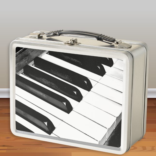 Piano Keys Music Lover Musical Instrument Themed Metal Lunch Box (A stylish metal lunch box with black and white piano keys photo design. Ideal gift for music lovers)