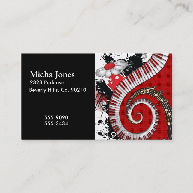 Piano Keys Music Notes Grunge Floral Swirls Business Card (Front)