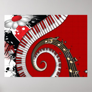 Piano Keys Music Notes Grunge Floral Swirls Poster
