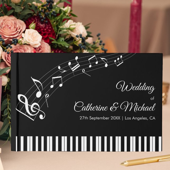 Piano Keys Musical Notes Black & White Wedding Guest Book (Creator Uploaded)