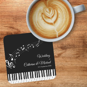 Piano Keys Musical Notes Black & White Wedding Square Paper Coaster