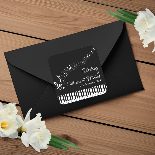 Piano Keys Musical Notes Black & White Wedding Square Sticker (Creator Uploaded)