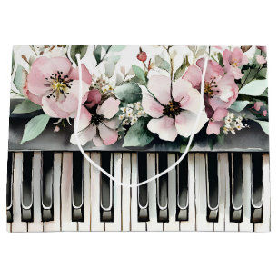 Piano Keys & Pink Flowers Large Gift Bag