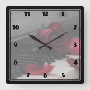 Piano Keys with a Red Rose Square Wall Clock