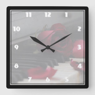 Piano Keys with a Red Rose Square Wall Clock