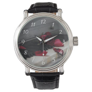 Piano Keys with a Red Rose Watch