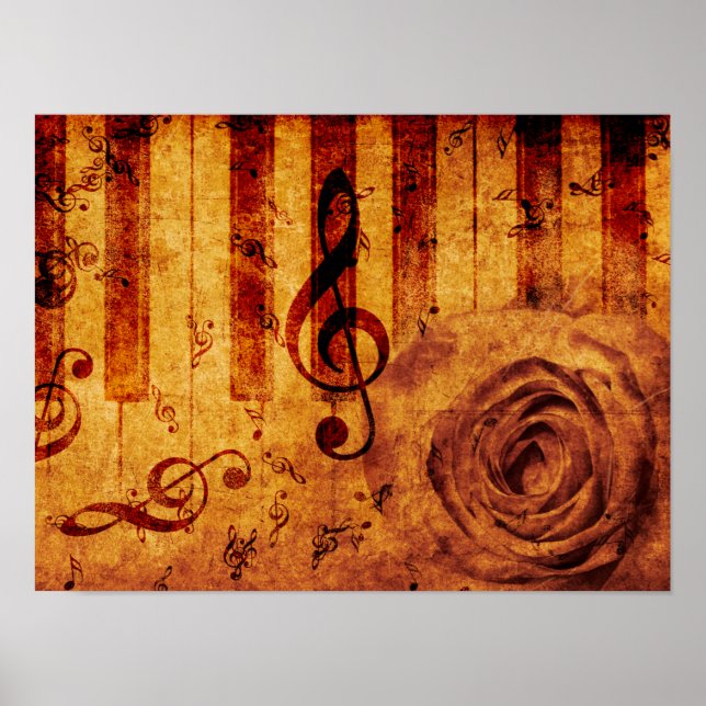 Piano keys with musical notes and rose poster (Front)