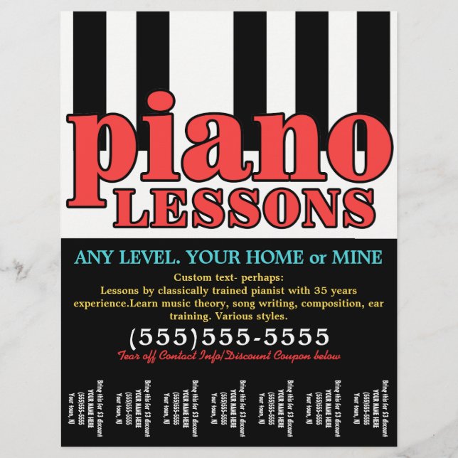 Piano Lessons. Music Tutor.Customisable Tear sheet (Front)