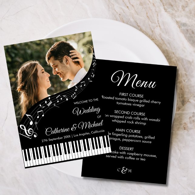 Piano Music Black & White Photo Monogram Wedding Menu (Creator Uploaded)