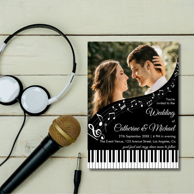 Piano Music Black & White Photo QR Code Wedding Invitation (Creator Uploaded)