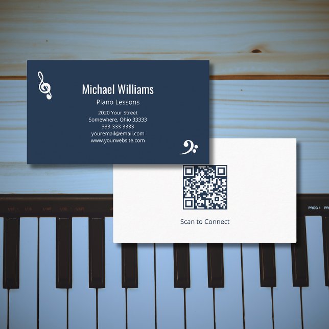 Piano Music Lessons QR code Navy Blue Business Card (Creator Uploaded)