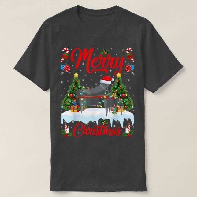 Piano Music Lover Xmas Lighting Santa Hat Piano Ch T-Shirt (Design Front)