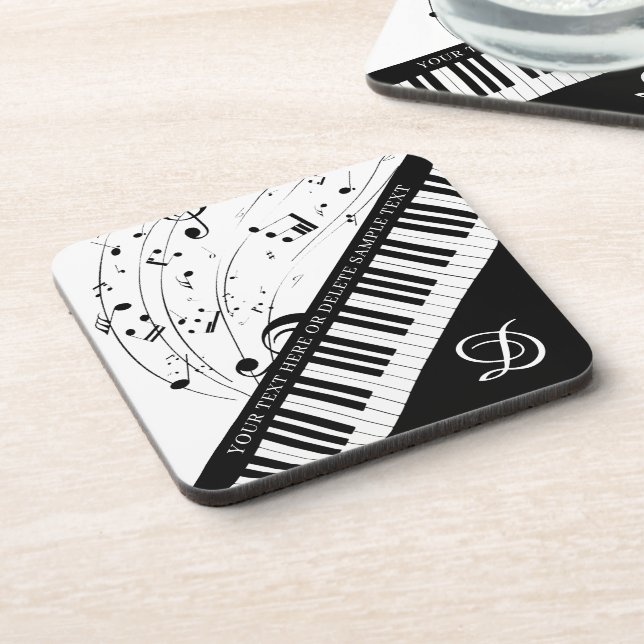 Piano Music Notes Monogram Black White Custom Coaster (Left Side)