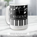 Piano Music Notes Script Name Black White Coffee Mug<br><div class="desc">Modern, stylish mug with piano keyboard and music notes in black and white personalised with a name or your custom text in an editable font style. Ideal for music teachers, musicians and music professionals. CHANGES: You can change the black background colour or the text font style, colour, size and placement...</div>