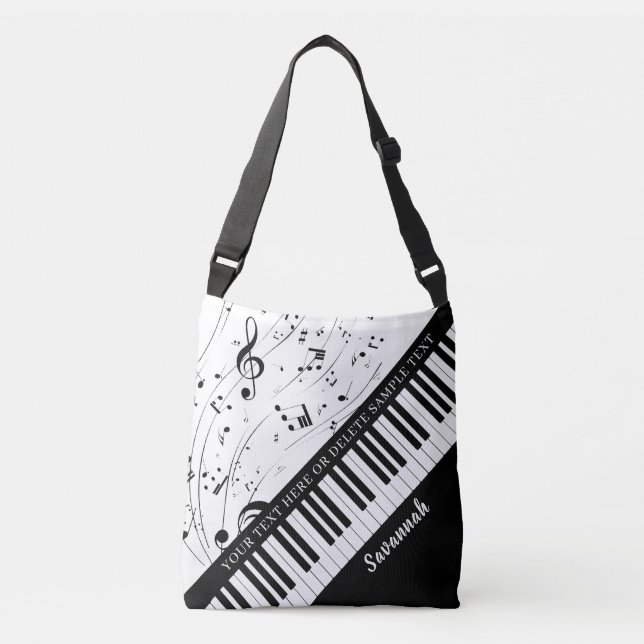 Piano Music Notes Script Name Black White Crossbody Bag (Front)