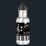 Piano Music Notes Script Name Black White Stainles 532 Ml Water Bottle<br><div class="desc">Modern, stylish water bottle with piano keyboard and music notes in black and white personalised with a name or your custom text in an editable font style. Ideal for music teachers and students, musicians and music professionals. CHANGES: You can change the black background colour or the text font style, colour,...</div>