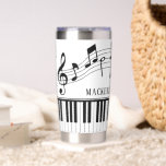 Piano Music Notes Script Name Custom Insulated Tumbler<br><div class="desc">Modern, stylish and personalized Insulated Tumbler Travel Cup featuring piano keys or keyboard and music notes with a name, monogram or your custom text in an editable font style and your choice of background, notes graphic and text colors (shown in black and white). Ideal for music teachers, musicians, music professionals...</div>