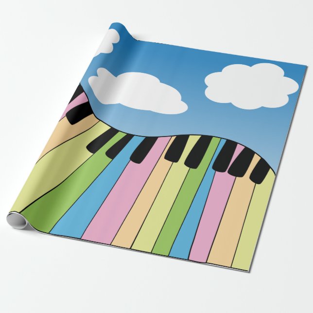 Piano Music Pastel Keyboard Blue Sky Clouds Wrapping Paper (Unrolled)