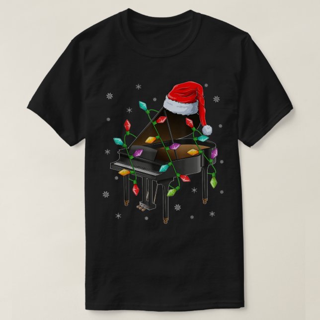 Piano Music Xmas Lighting Matching Santa Hat Piano T-Shirt (Design Front)