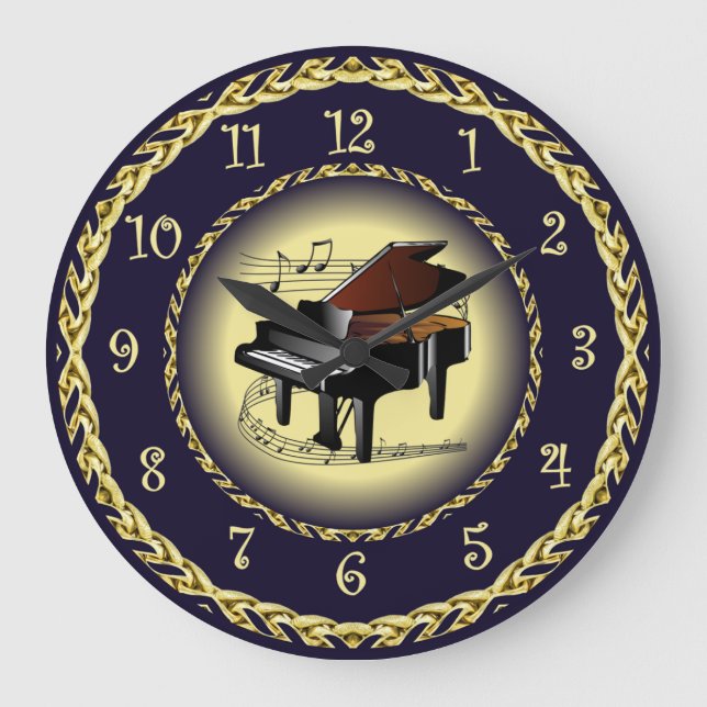 Piano Musical Scroll ~ Gold and Navy Blue ~  Large Clock (Front)