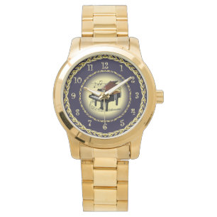 Piano Musical Scroll ~ Gold and Navy Blue ~  Watch