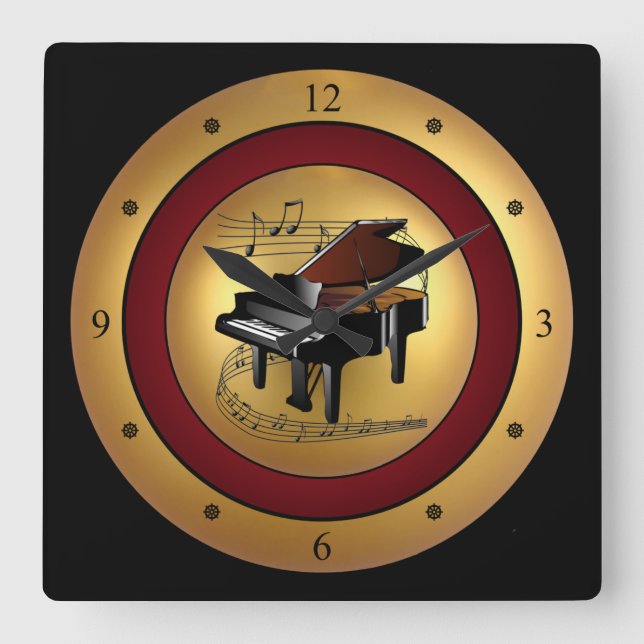 Piano~Musical Scroll~Gold/Maroon/Black Background~ Square Wall Clock (Front)