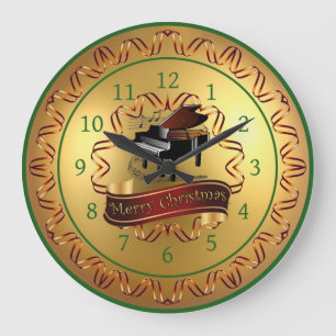 Piano ~ Musical Scroll ~ Gold “Merry Christmas”  Large Clock